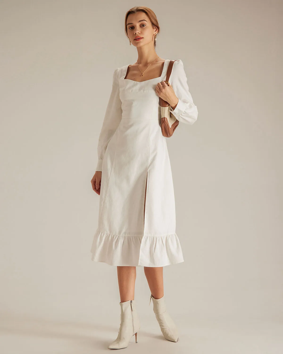 The White Sweetheart Neck Split Midi Dress sold by rihoas product image thumbnail 3