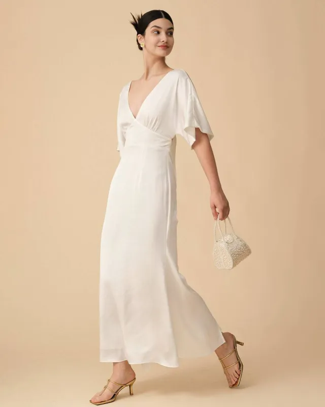 The Backless White Satin Maxi Dress sold by rihoas