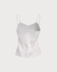 The White Cowl Neck Sequin Satin Cami Top sold by rihoas