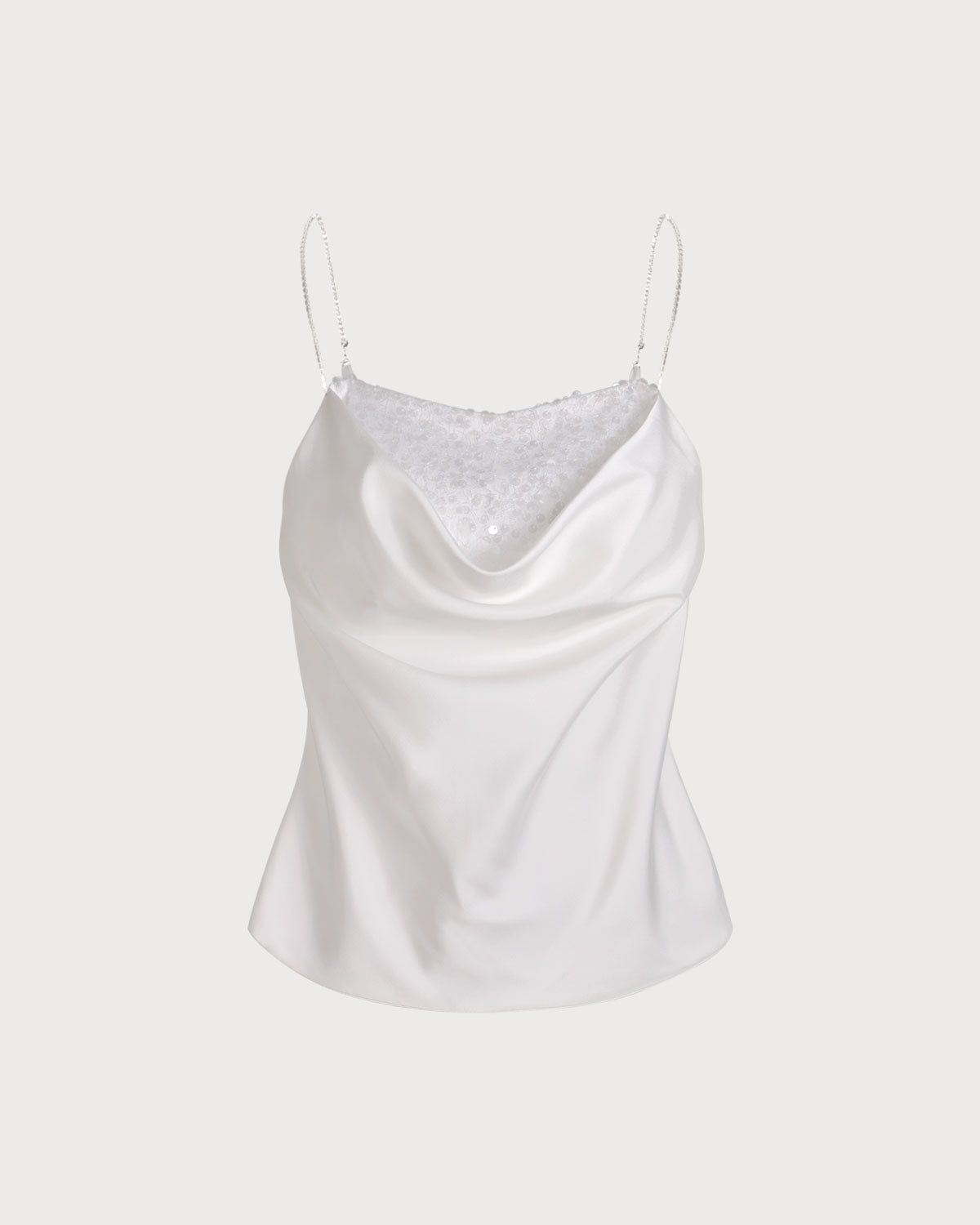 The White Cowl Neck Sequin Satin Cami Top sold by rihoas