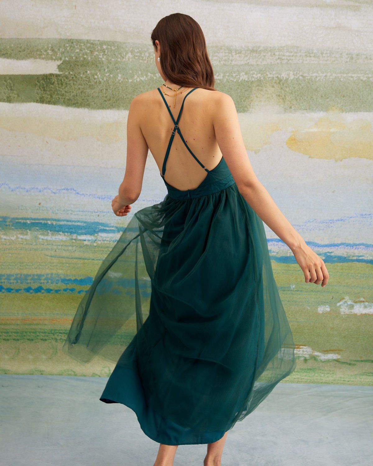 The Green V Neck Criss-Cross Mesh Maxi Dress sold by rihoas product image thumbnail 7