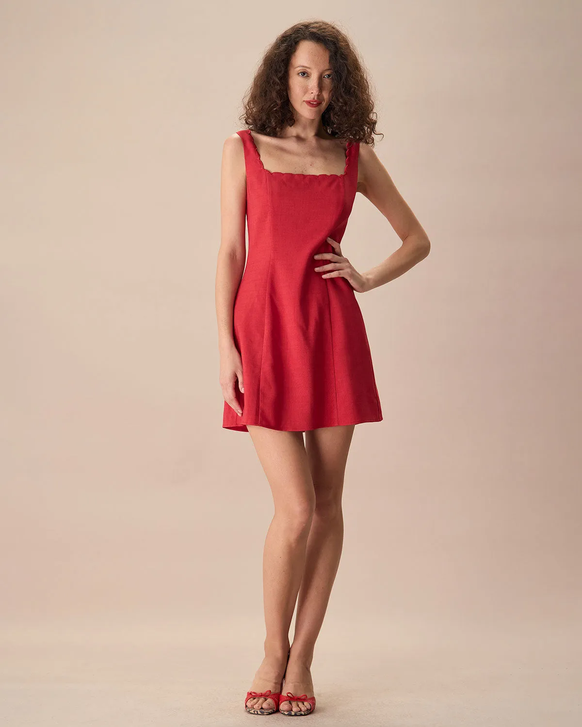 The Red Square Neck Scalloped Mini Dress sold by rihoas product image thumbnail 3