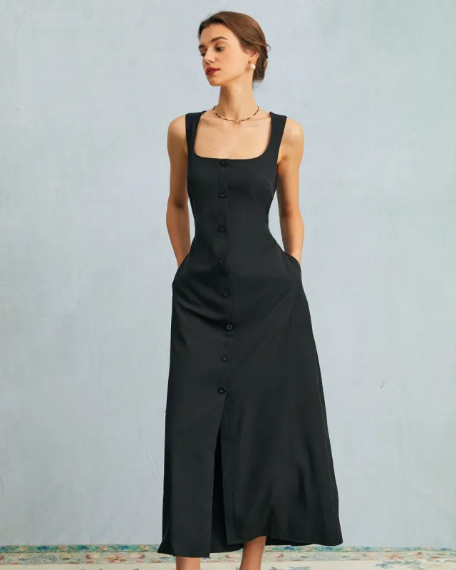 The Black U Neck Tie Back Sleeveless Maxi Dress sold by rihoas