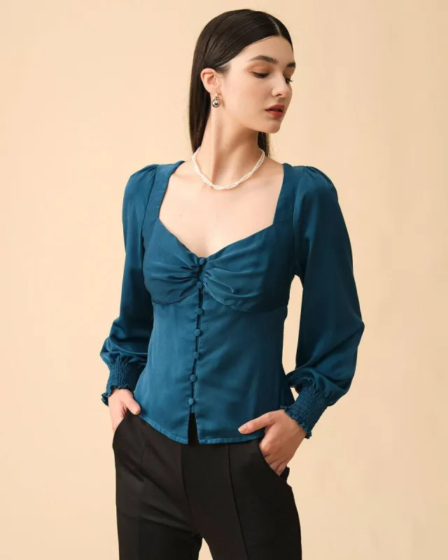 The Solid Color Shirred Button-up Blouse sold by rihoas