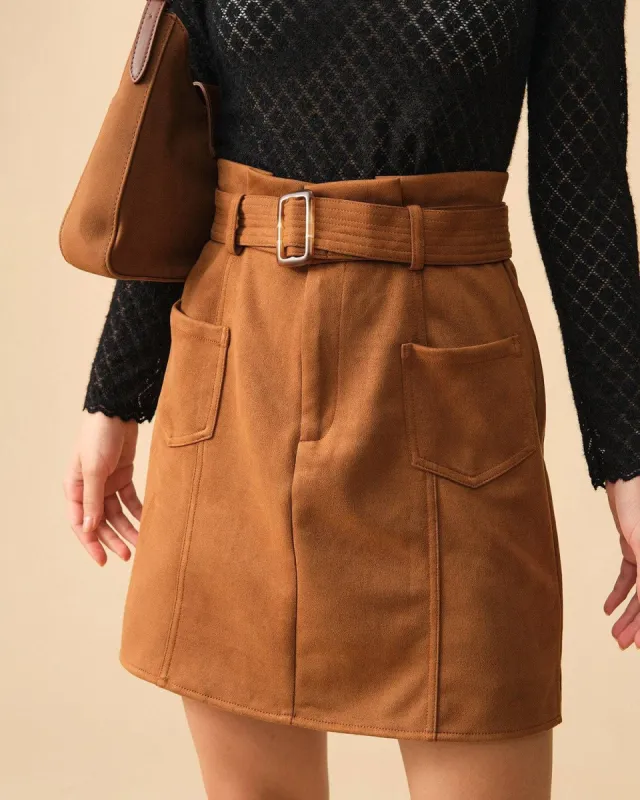 The Solid High Waisted Belted Suede Skirt sold by rihoas