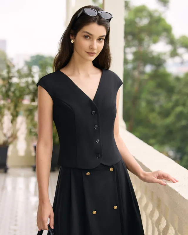 The Black V Neck Cap Sleeve Blouse sold by rihoas