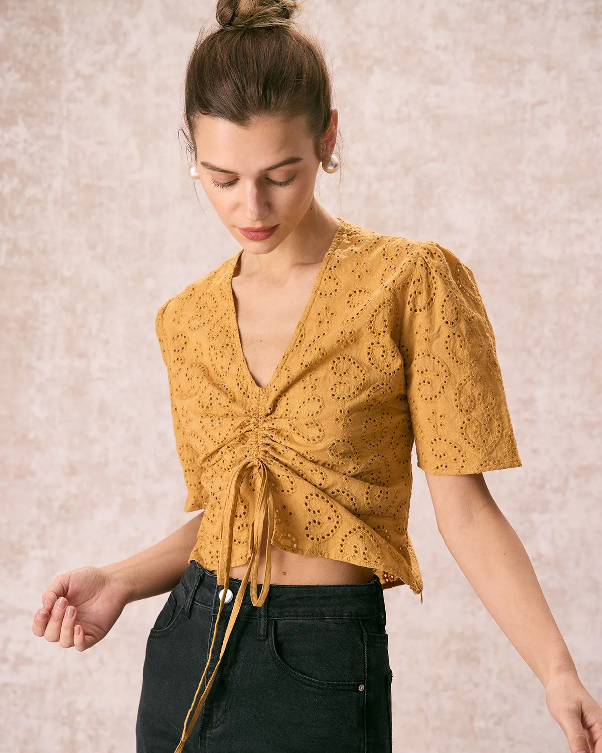 The Yellow V Neck Embroidery Tie Front Tee sold by rihoas product image thumbnail 3