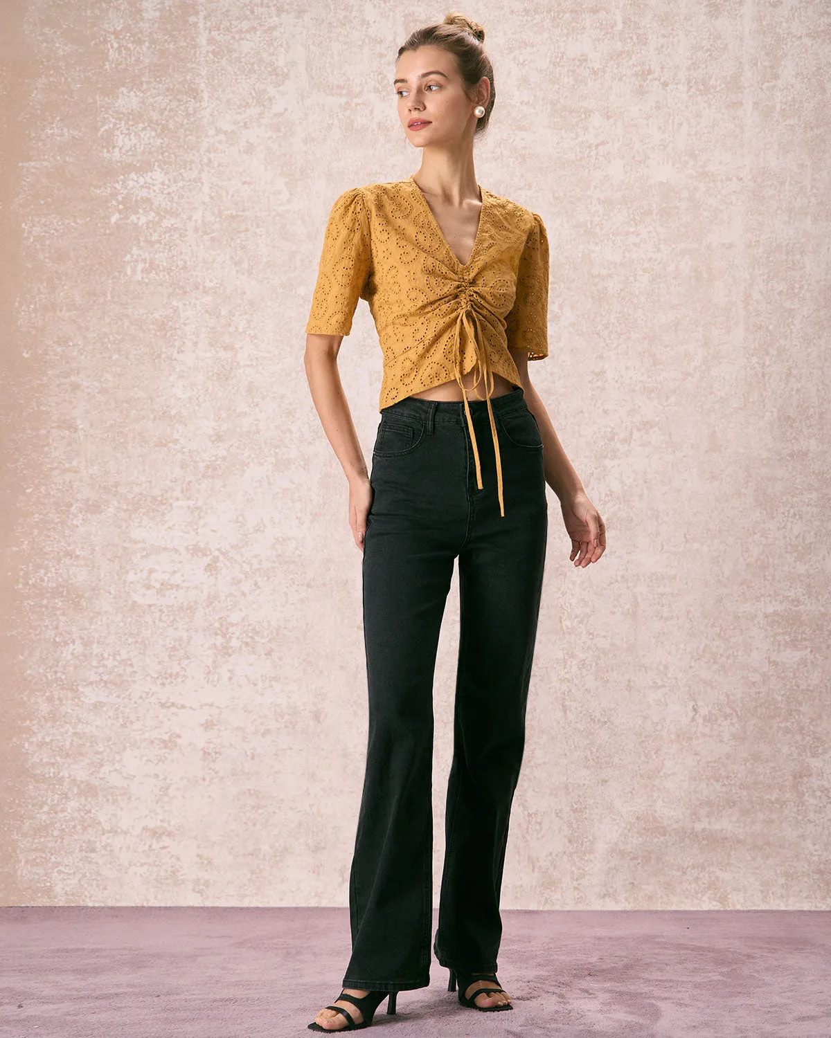 The Yellow V Neck Embroidery Tie Front Tee sold by rihoas product image thumbnail 5