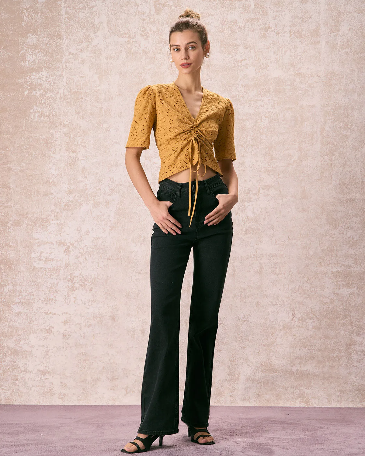 The Yellow V Neck Embroidery Tie Front Tee sold by rihoas product image thumbnail 4