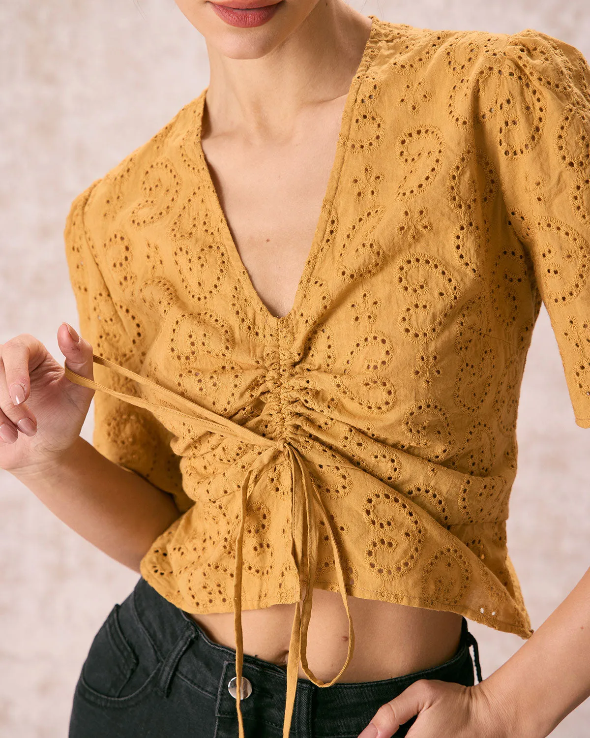 The Yellow V Neck Embroidery Tie Front Tee sold by rihoas product image thumbnail 2