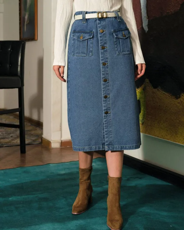 The High Waisted Retro Denim Skirt sold by rihoas