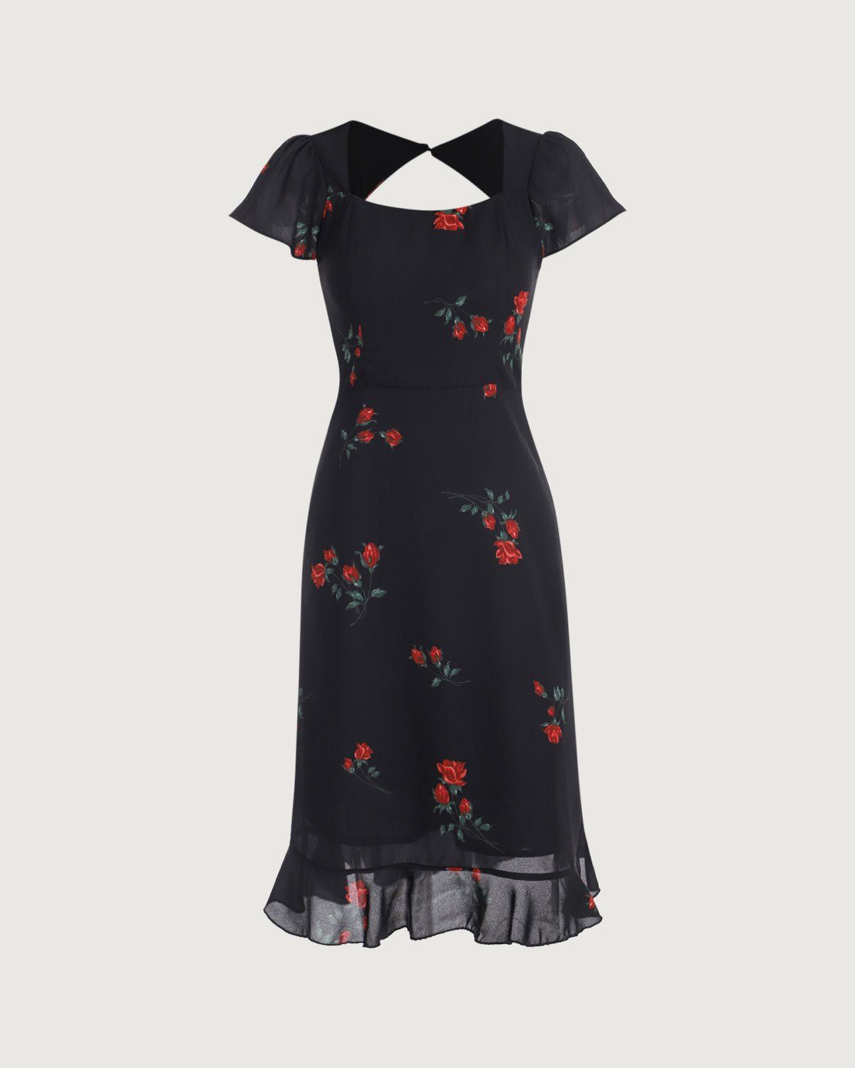 The Black Square Neck Backless Floral Midi Dress sold by rihoas product image thumbnail 7