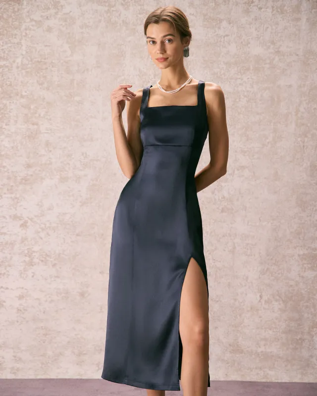 The Navy Square Neck Sheath Satin Midi Dress sold by rihoas