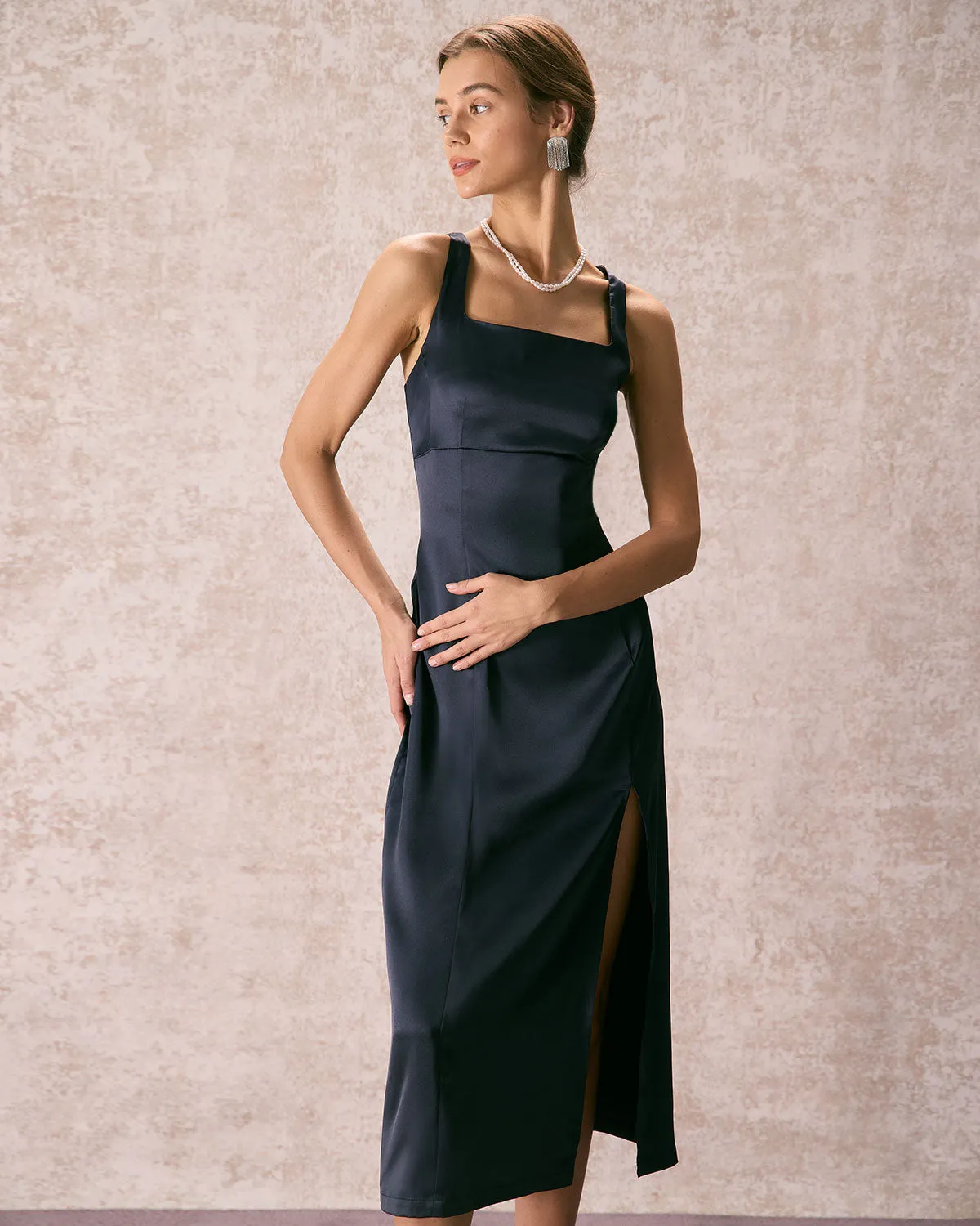The Navy Square Neck Sheath Satin Midi Dress sold by rihoas product image thumbnail 3