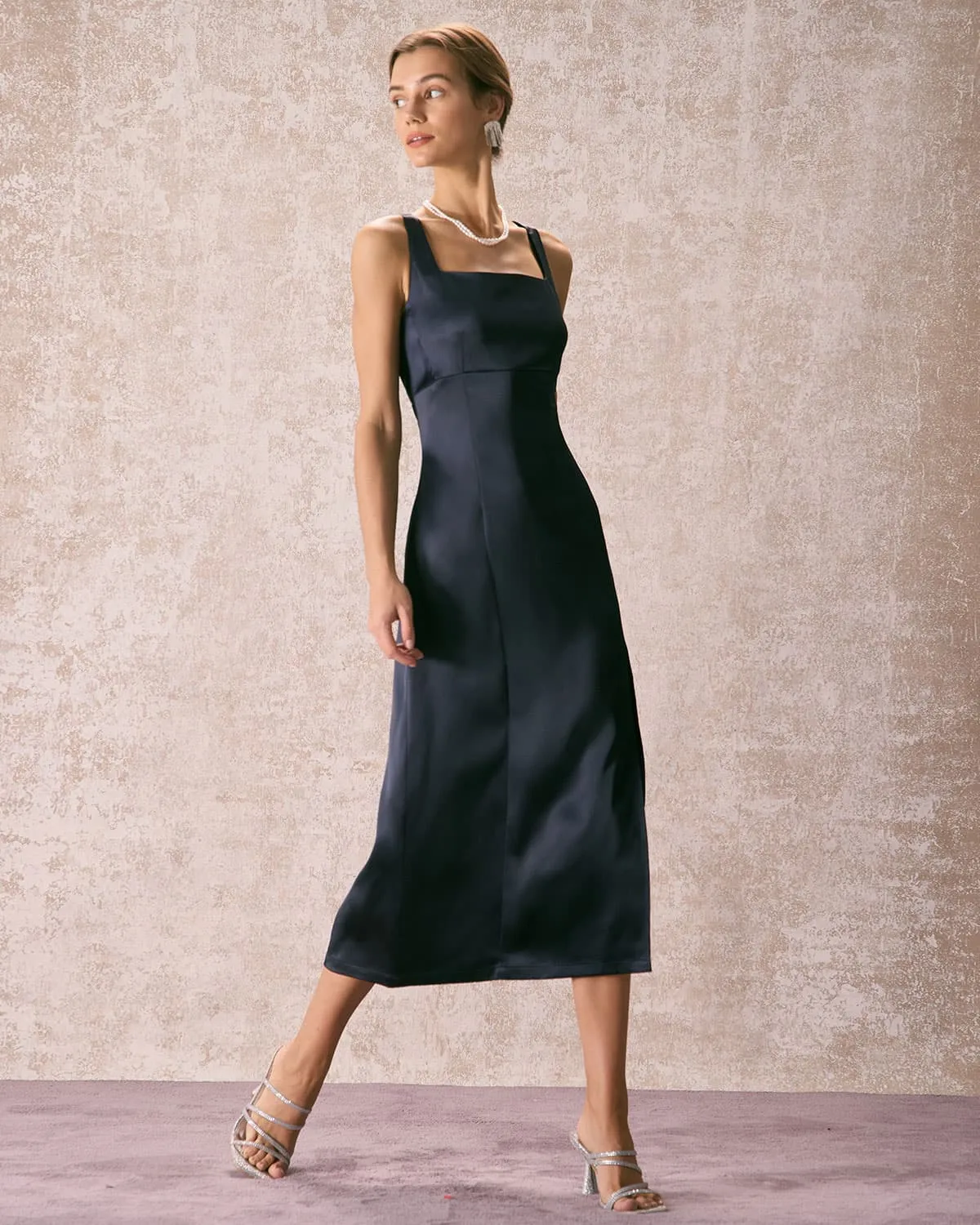 The Navy Square Neck Sheath Satin Midi Dress sold by rihoas product image thumbnail 5
