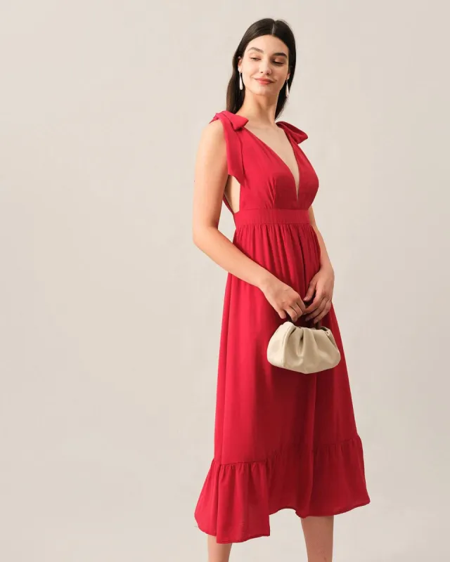 The Tie Strap Deep V Neck Maxi Dress sold by rihoas