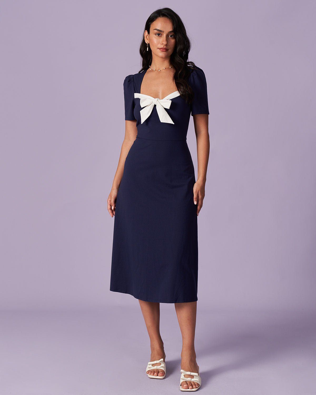 The Navy Sweetheart Neck Tie Front Midi Dress sold by rihoas product image thumbnail 4