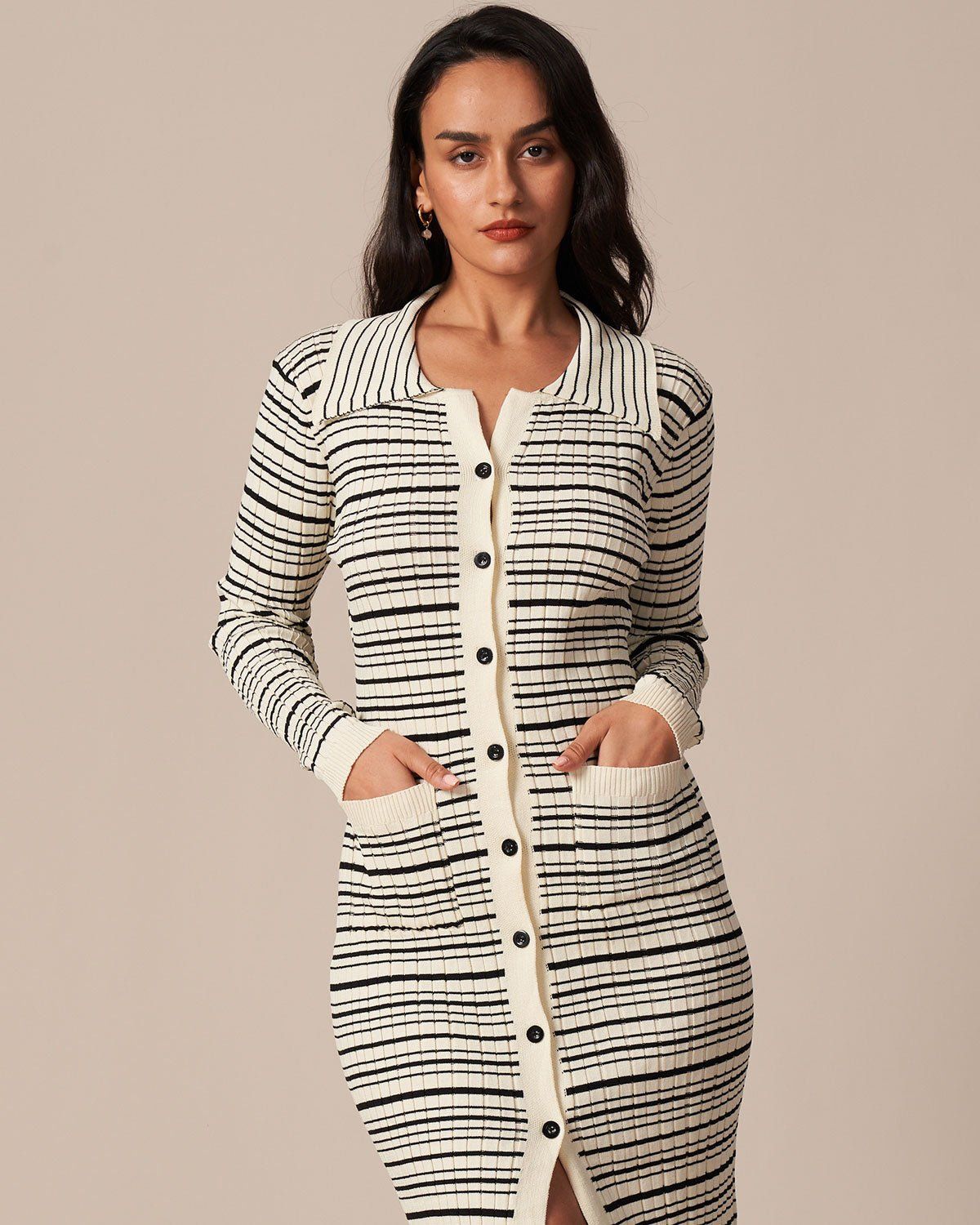 The Apricot Collared Striped Knit Midi Dress sold by rihoas product image thumbnail 3