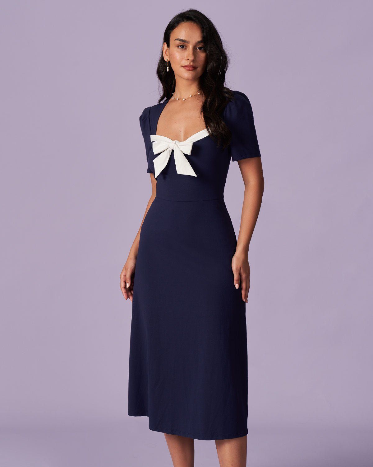 The Navy Sweetheart Neck Tie Front Midi Dress sold by rihoas product image thumbnail 5