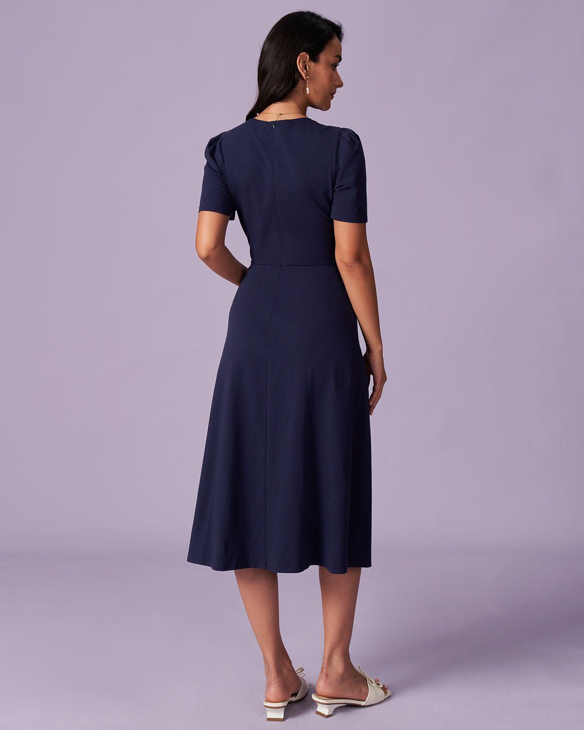 The Navy Sweetheart Neck Tie Front Midi Dress sold by rihoas product image thumbnail 6
