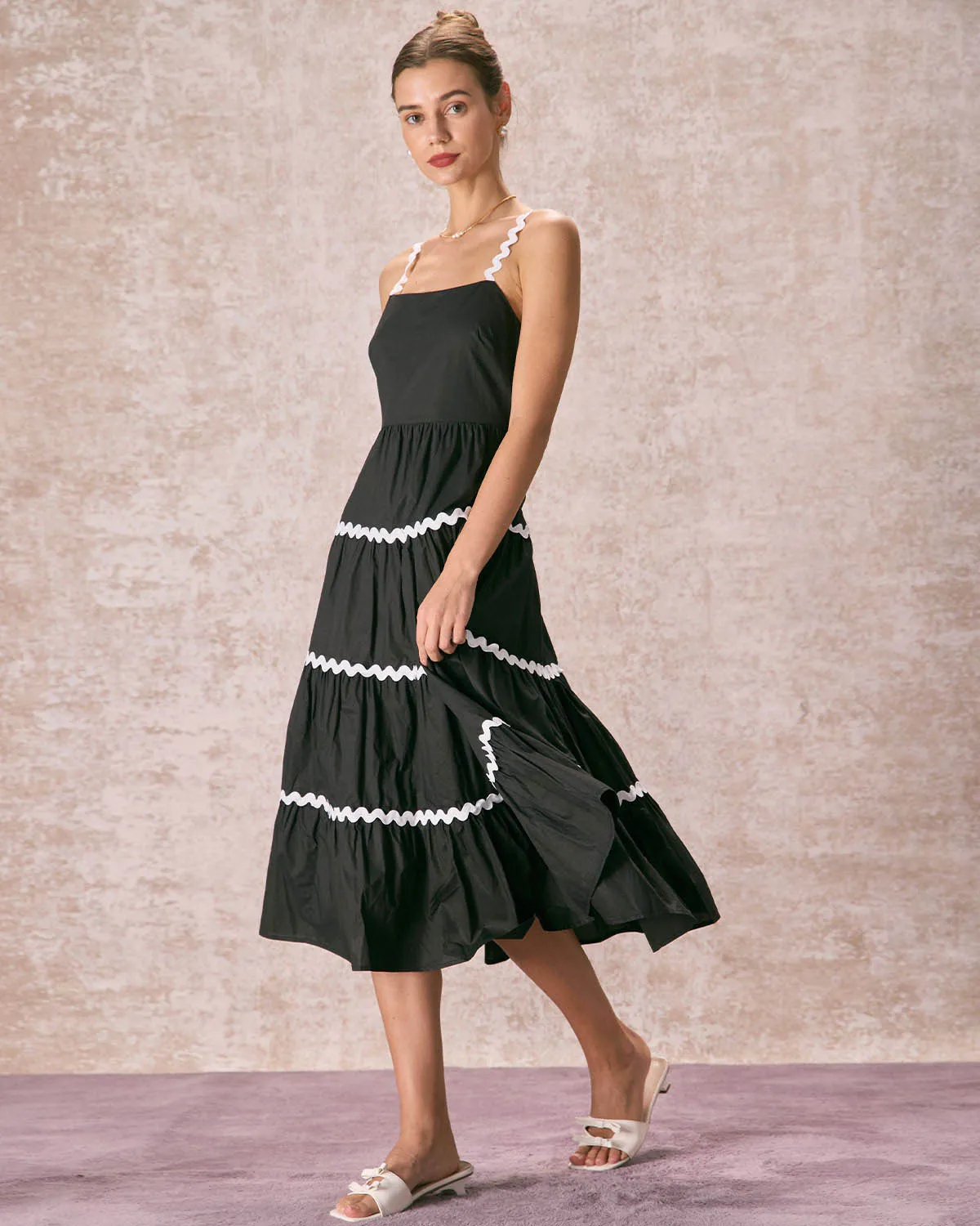 The Black Contrast Wave Cut Strap Midi Dress sold by rihoas product image thumbnail 5