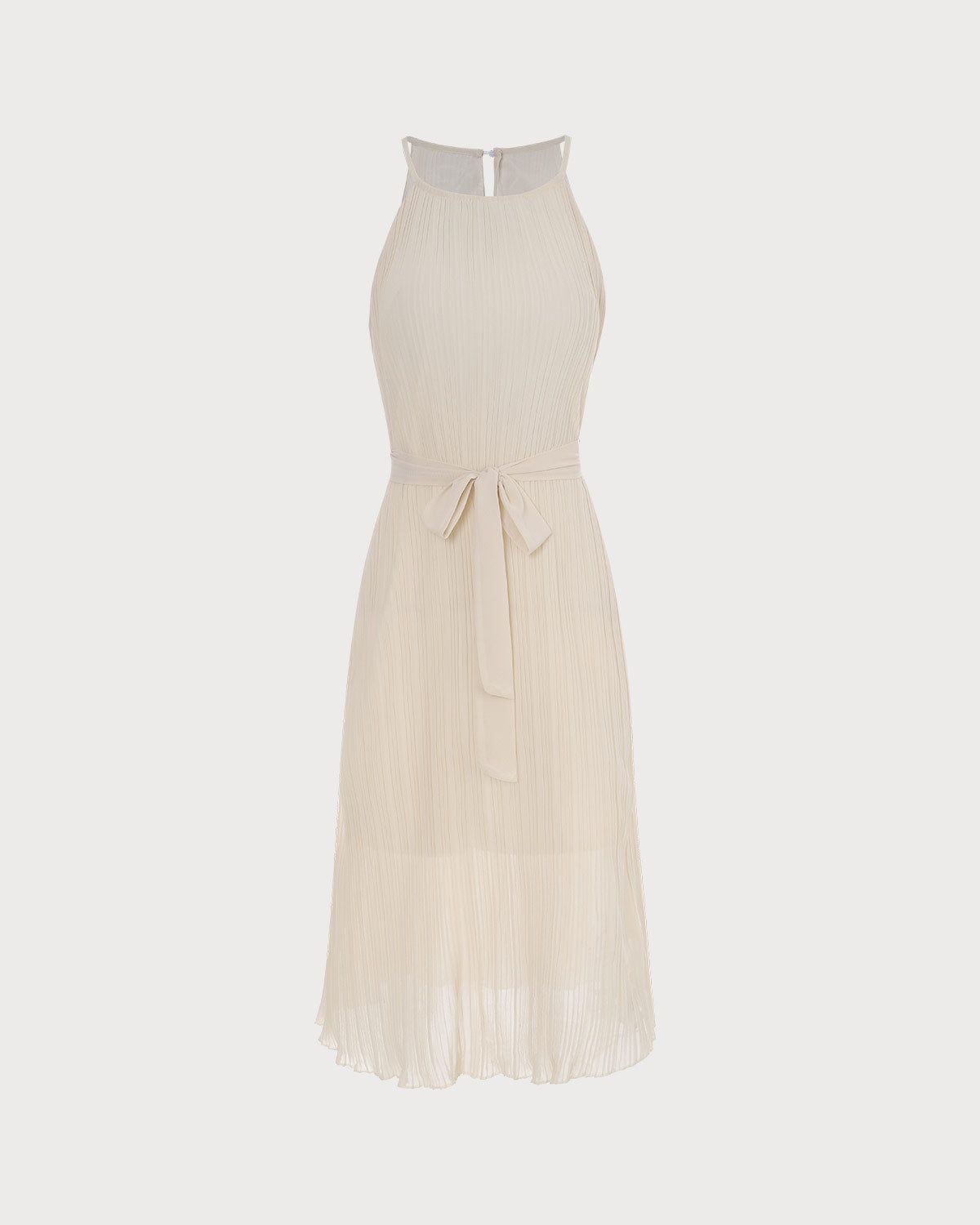 The Beige Halter Pleated Sleeveless Midi Dress sold by rihoas