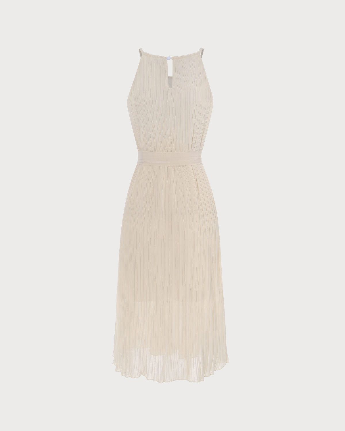 The Beige Halter Pleated Sleeveless Midi Dress sold by rihoas product image thumbnail 3