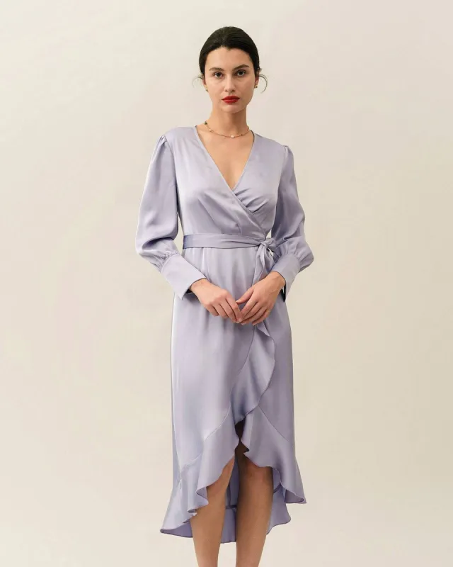 The Ruffle Satin Wrap Maxi Dress sold by rihoas