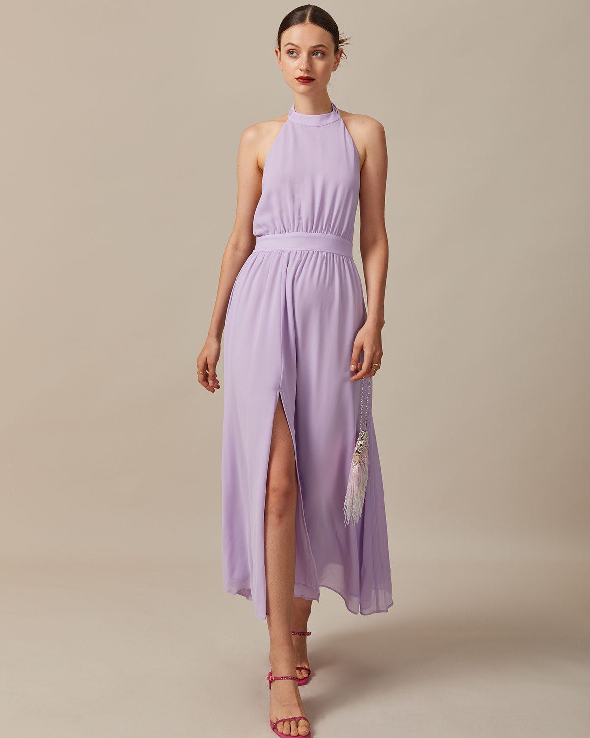 The Purple Halter Ruched Backless Maxi Dress sold by rihoas product image thumbnail 4