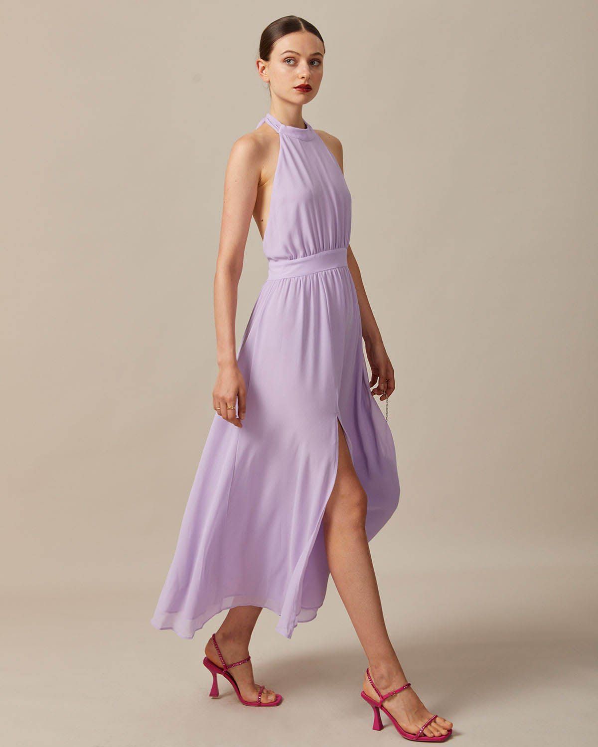 The Purple Halter Ruched Backless Maxi Dress sold by rihoas