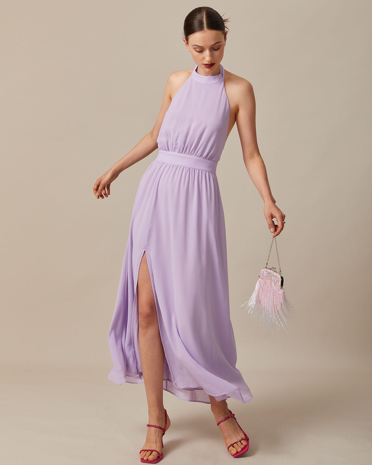 The Purple Halter Ruched Backless Maxi Dress sold by rihoas product image thumbnail 5