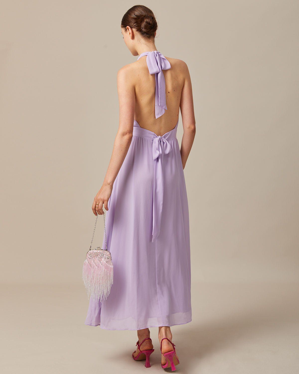 The Purple Halter Ruched Backless Maxi Dress sold by rihoas product image thumbnail 2