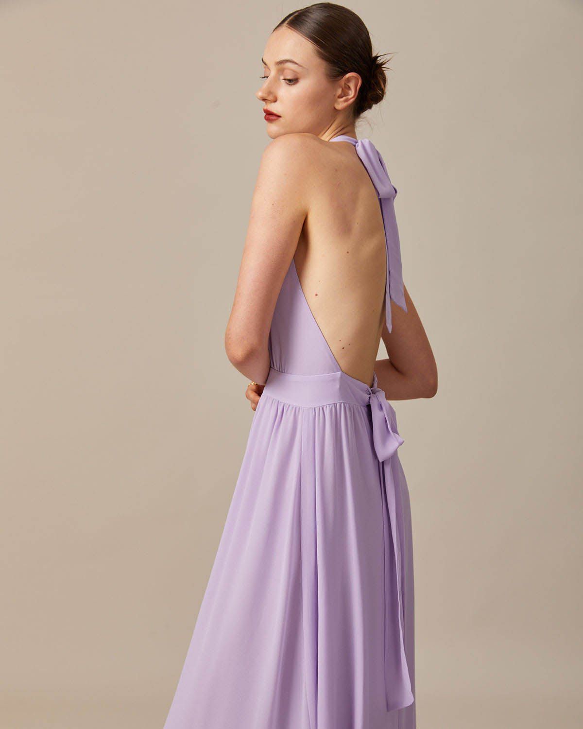The Purple Halter Ruched Backless Maxi Dress sold by rihoas product image thumbnail 3