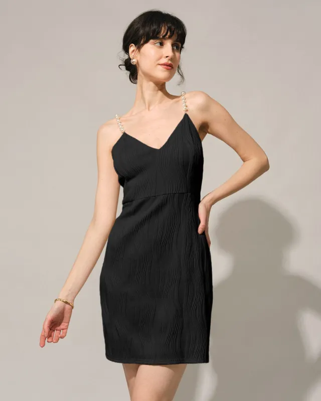 The Black Water Ripple Textured Pearl Strap Mini Dress sold by rihoas