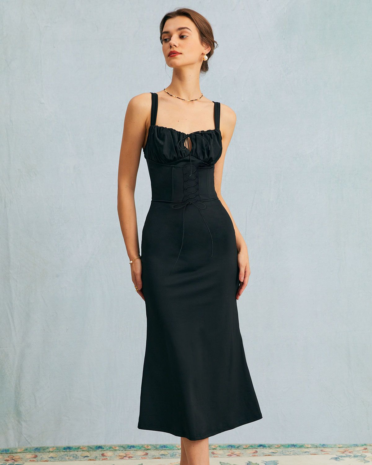 The Black Cutout Tie Front Ruched Bodycon Midi Dress sold by rihoas product image thumbnail 4