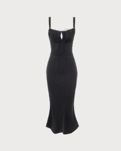 The Black Cutout Tie Front Ruched Bodycon Midi Dress sold by rihoas
