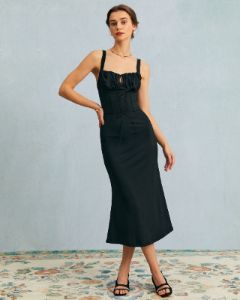 The Black Cutout Tie Front Ruched Bodycon Midi Dress sold by rihoas