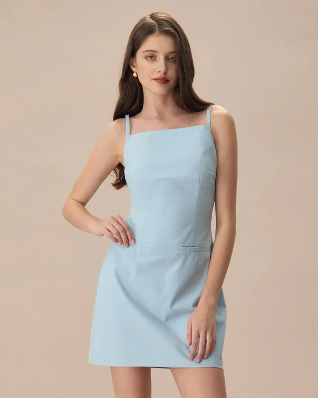 The Blue Square Neck Linen Slip Mini Dress sold by rihoas