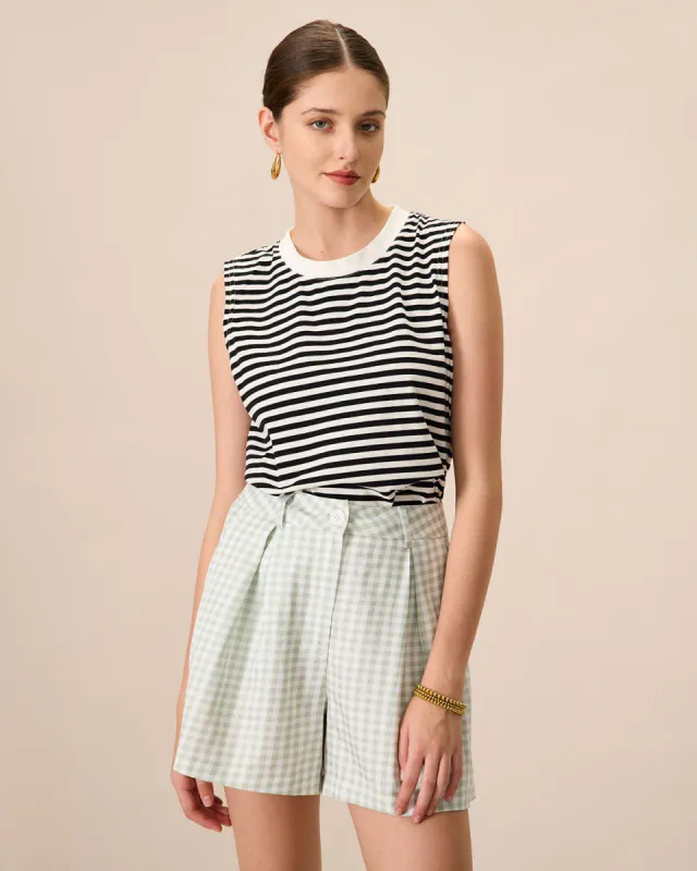 Women's Black Crew Neck Cotton Striped Tank Top sold by rihoas