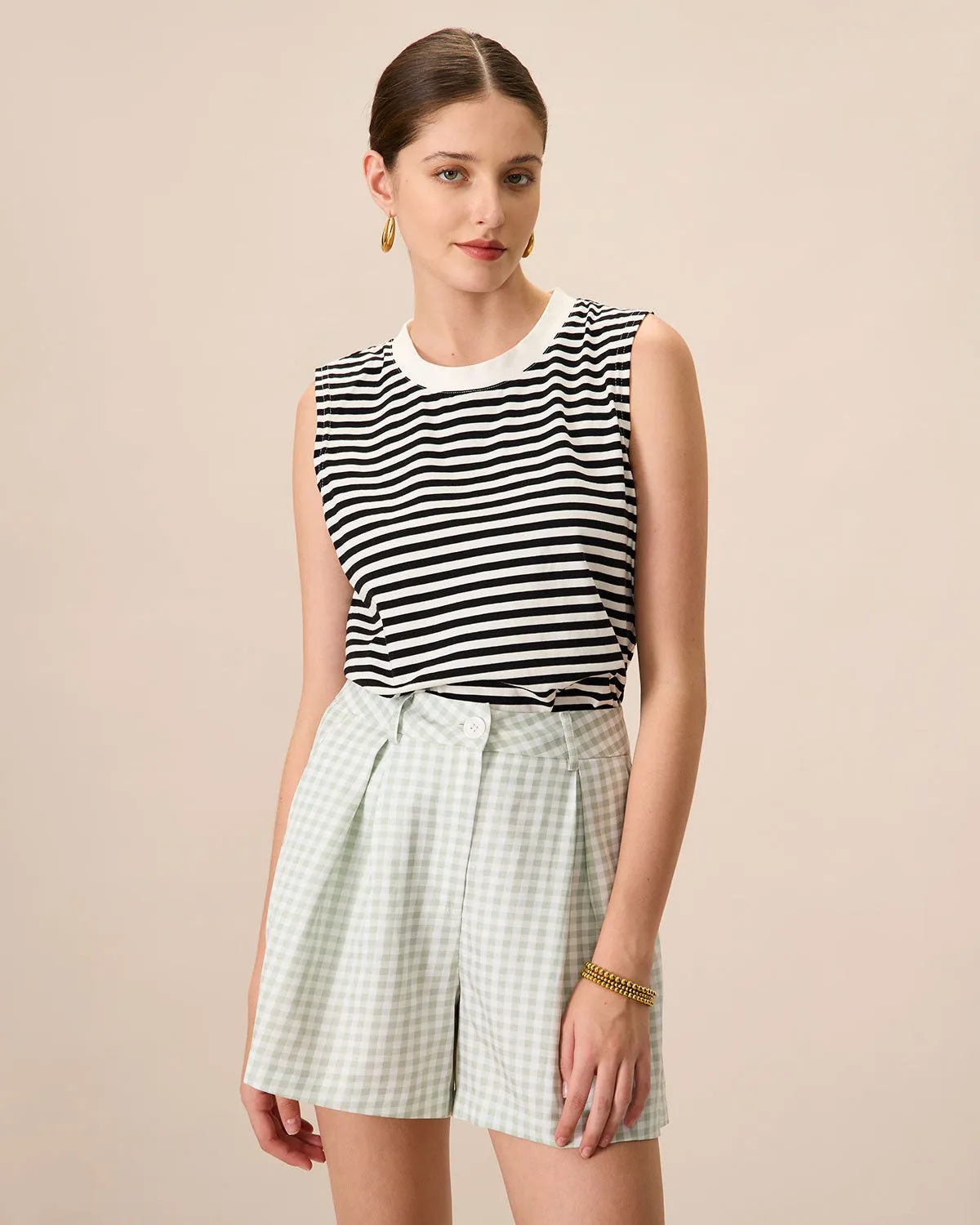 Women's Black Crew Neck Cotton Striped Tank Top sold by rihoas