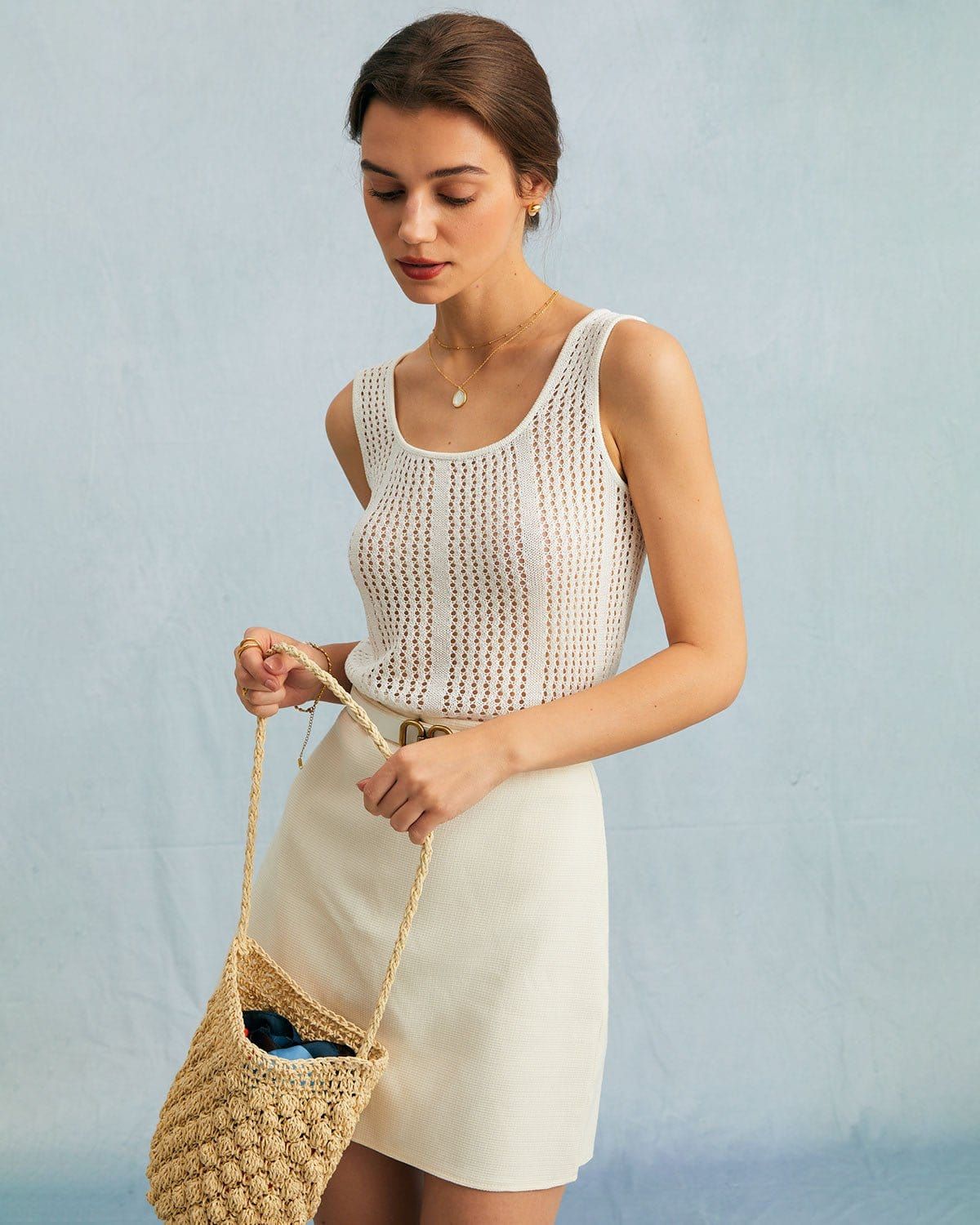 The White Round Neck Pointelle Kint Tank Top sold by rihoas product image thumbnail 4