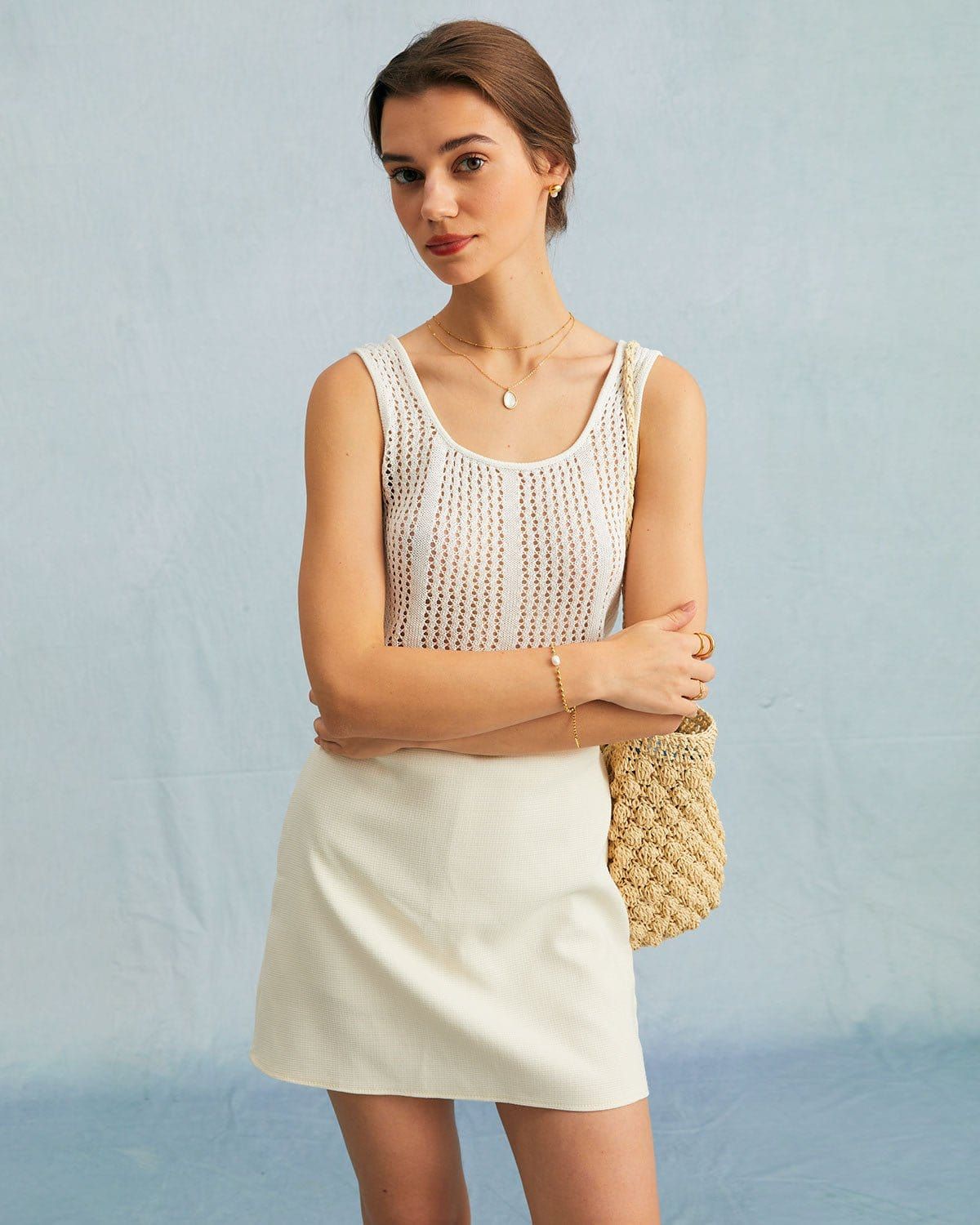 The White Round Neck Pointelle Kint Tank Top sold by rihoas product image thumbnail 3