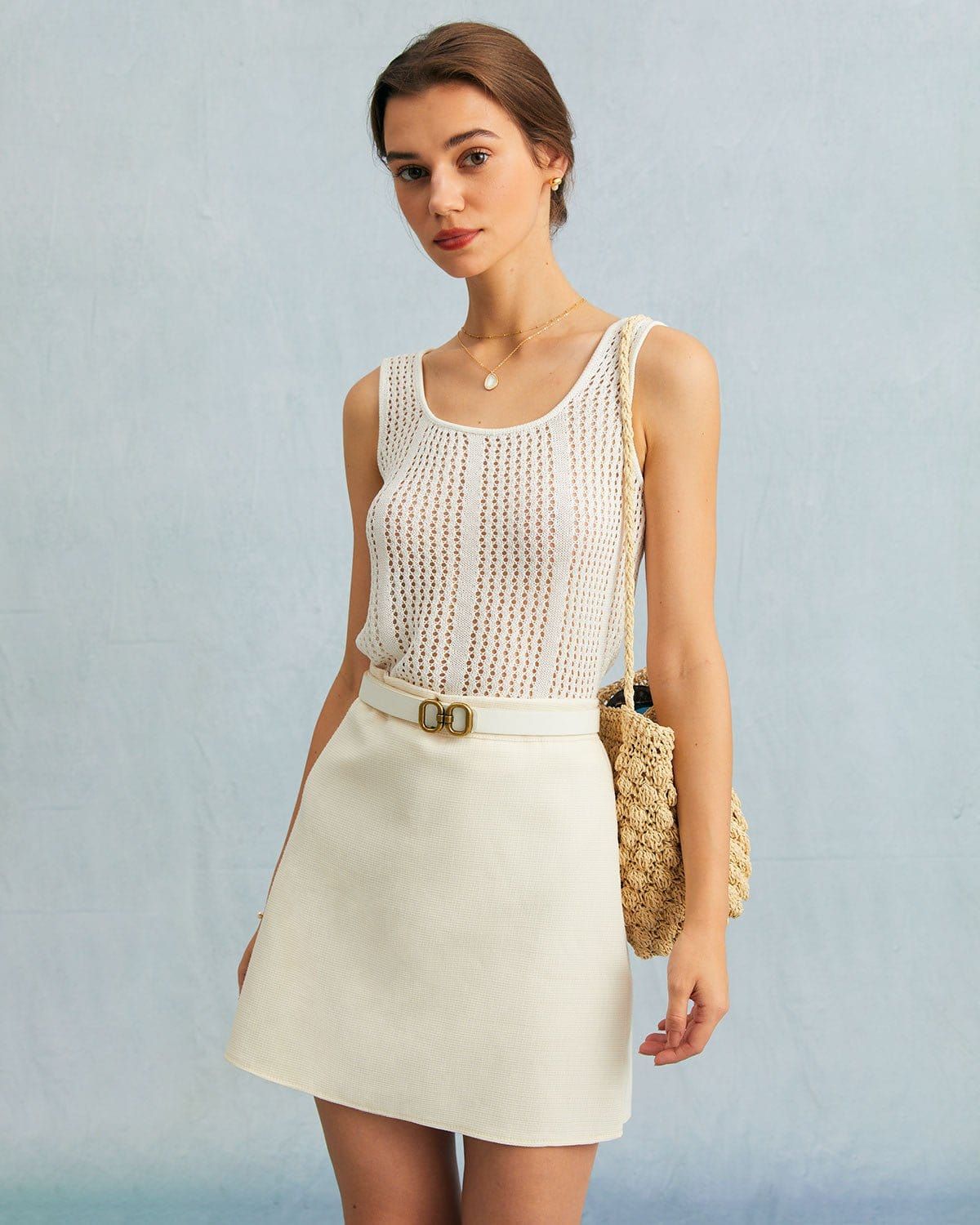 The White Round Neck Pointelle Kint Tank Top sold by rihoas