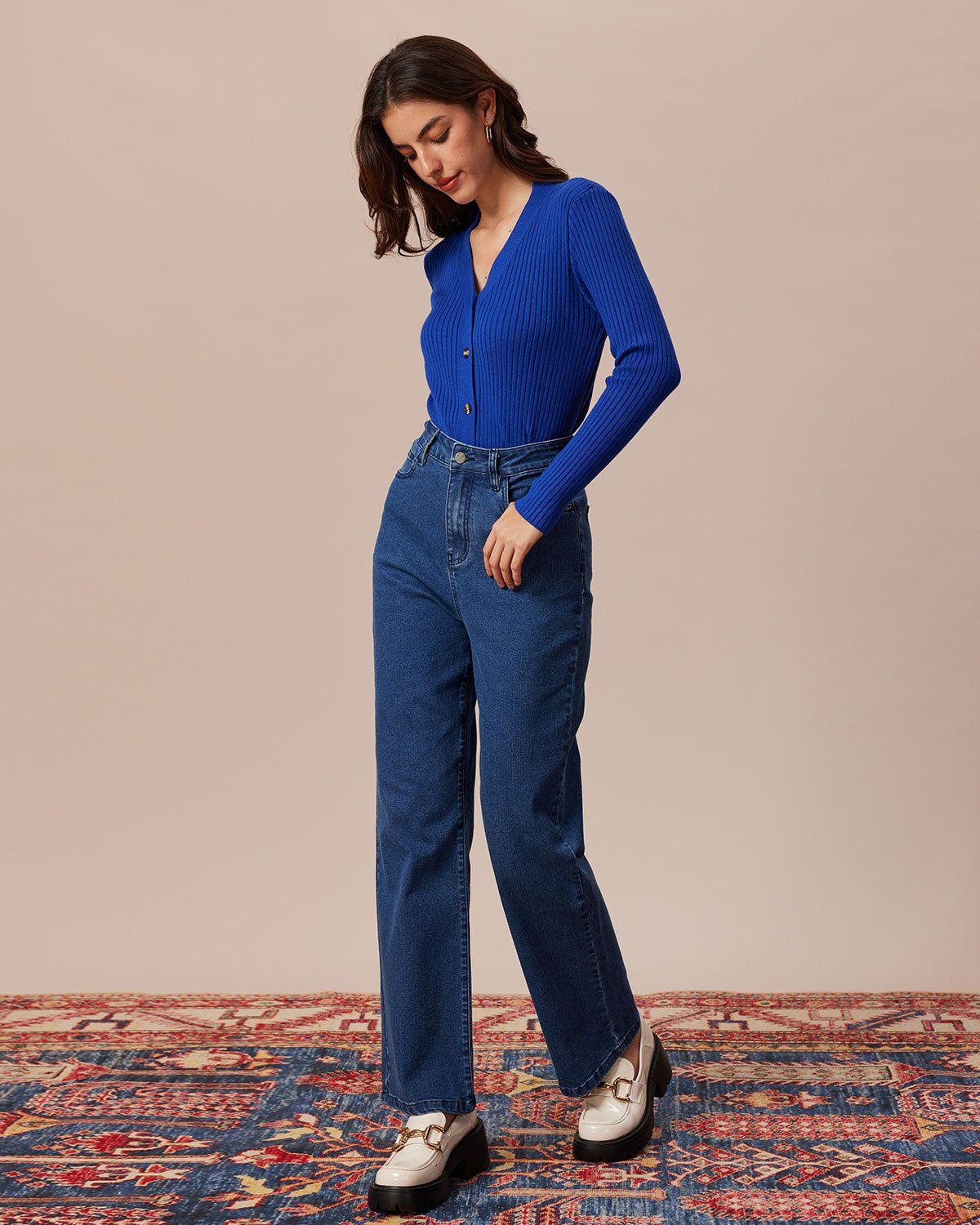 The Navy V Neck Ribbed Button Knit Cardigan sold by rihoas product image thumbnail 2