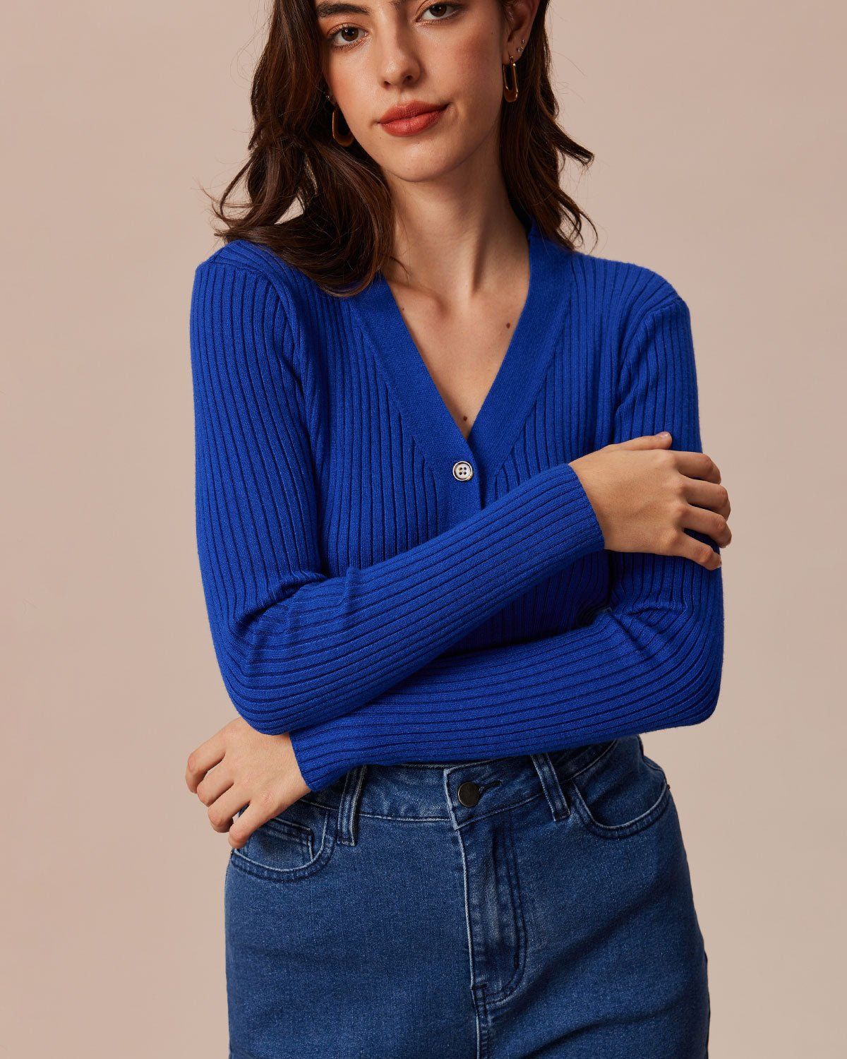 The Navy V Neck Ribbed Button Knit Cardigan sold by rihoas product image thumbnail 3