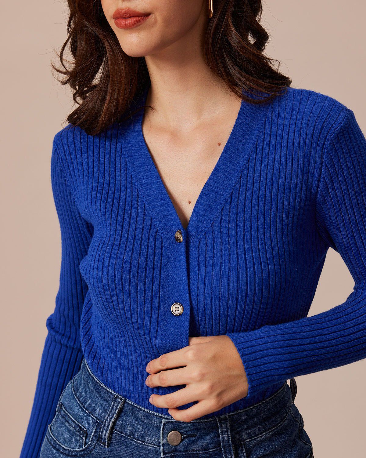 The Navy V Neck Ribbed Button Knit Cardigan sold by rihoas product image thumbnail 4