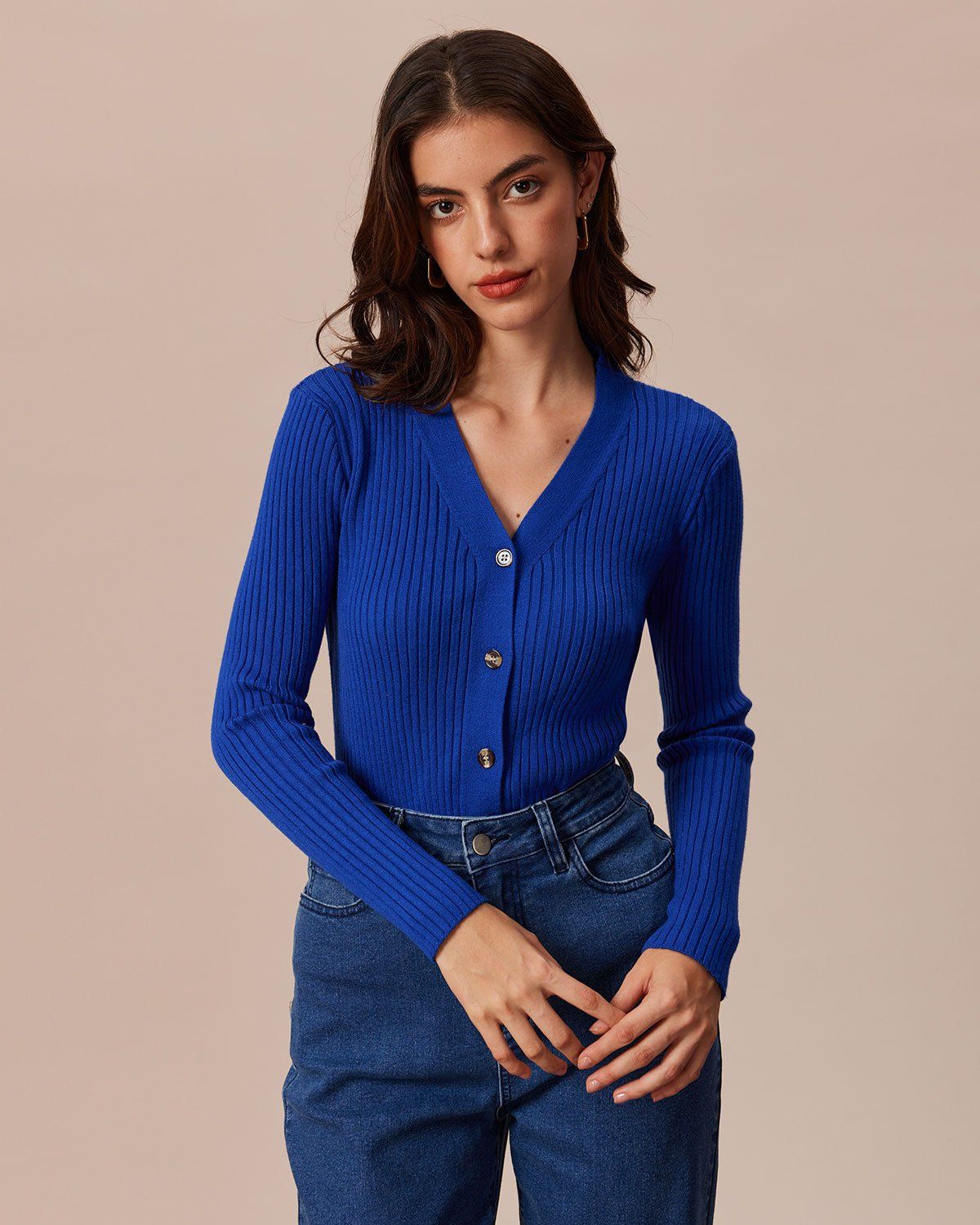 The Navy V Neck Ribbed Button Knit Cardigan sold by rihoas