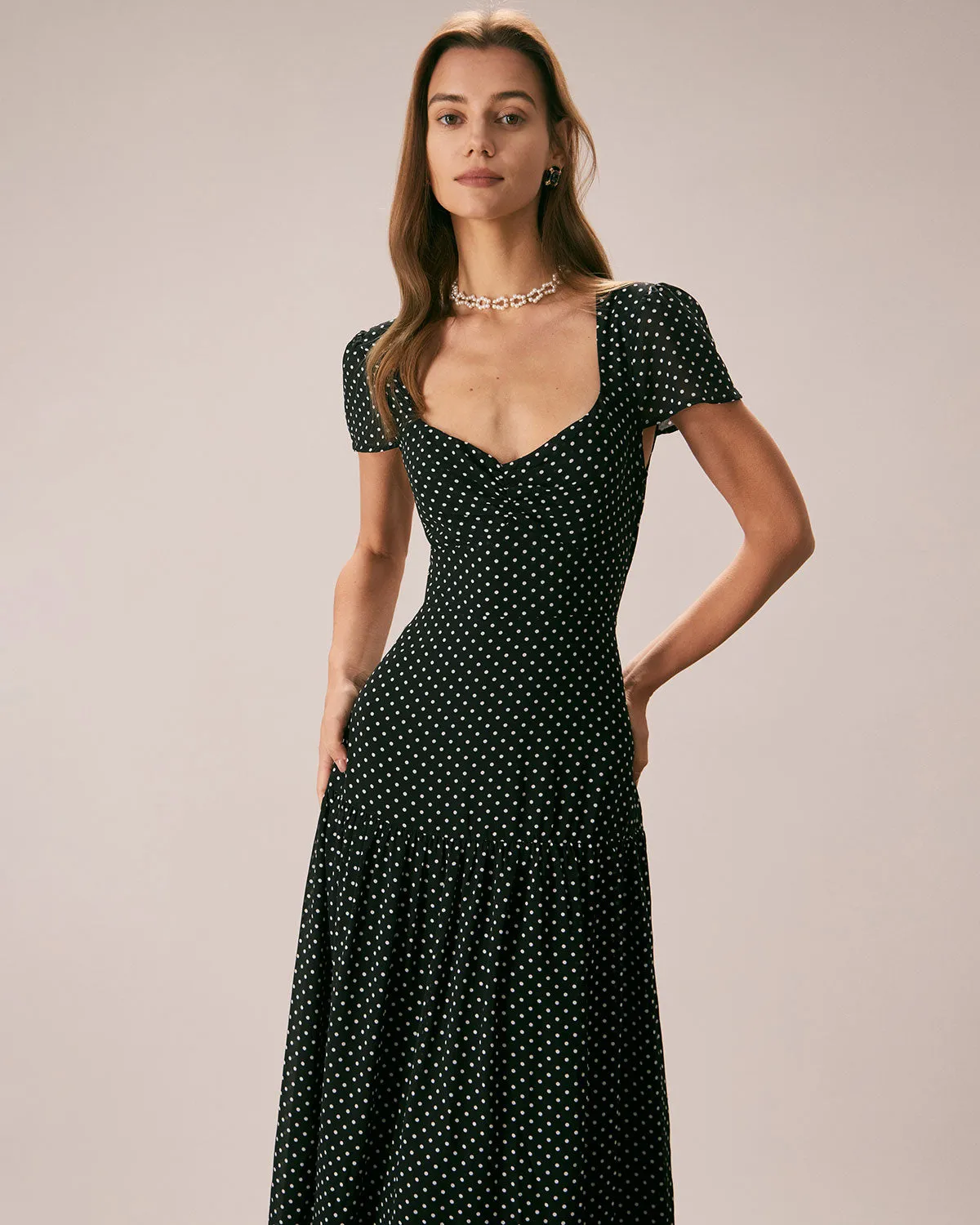 The Black Sweetheart Neck Polka Dot Maxi Dress sold by rihoas product image thumbnail 5