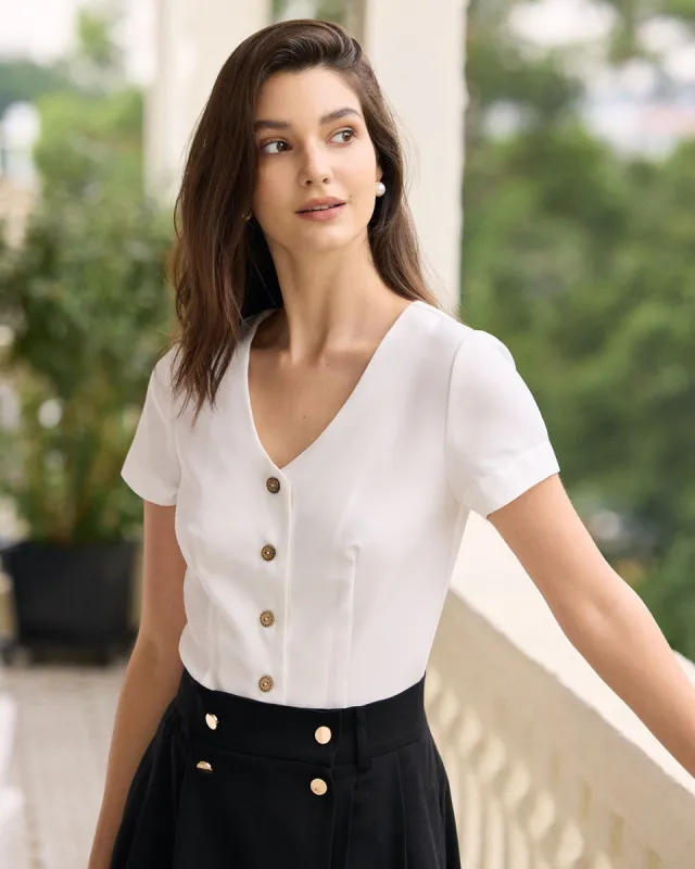 The White V Neck Button Shirt sold by rihoas