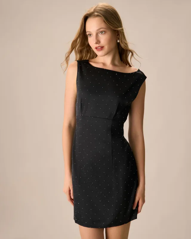 The Black Boat Neck Bowknot Satin Mini Dress sold by rihoas